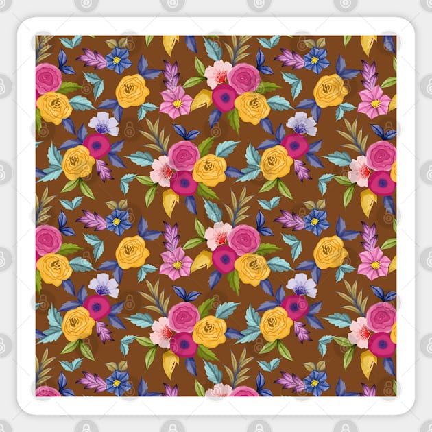 Watercolor Floral Seamless Pattern Art On Brown Background Sticker by Designoholic